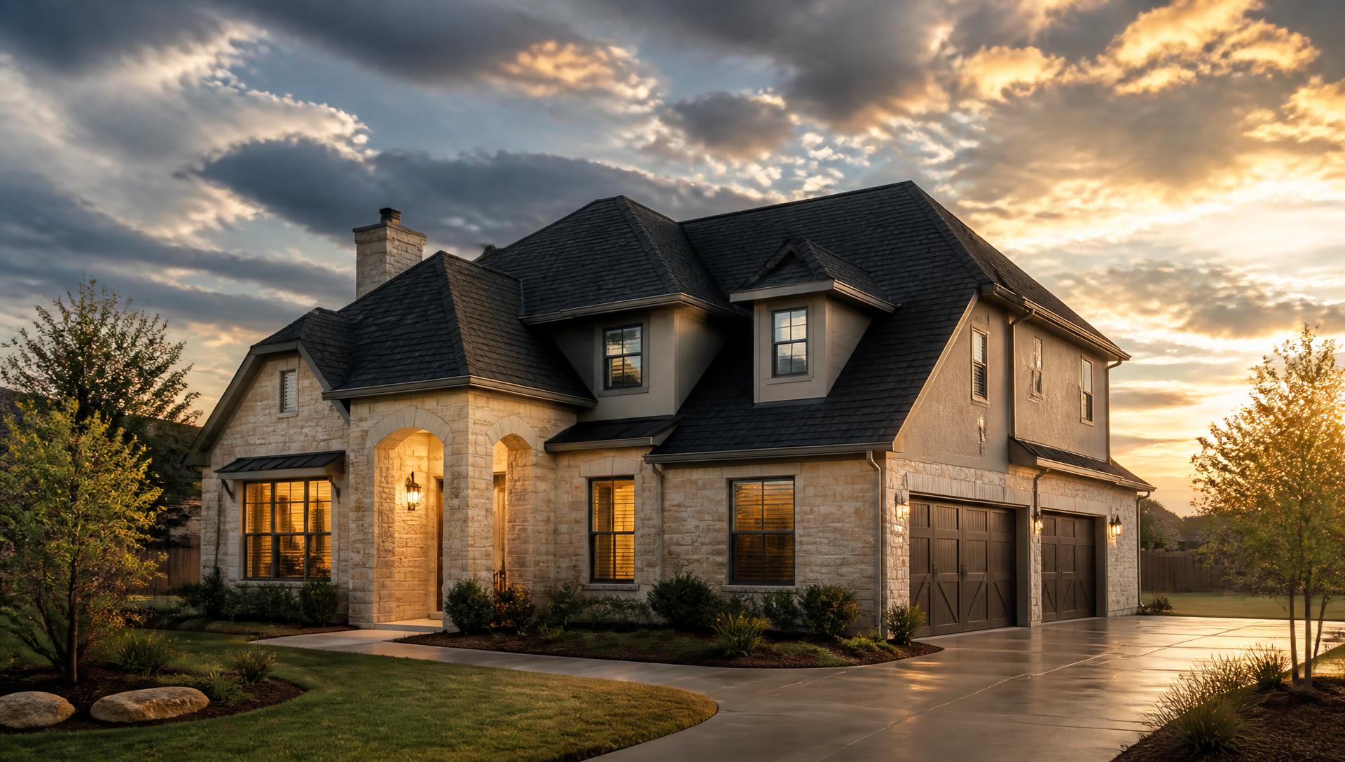 Newly installed architectural shingle roof on a Dallas–Fort Worth area home at sunset