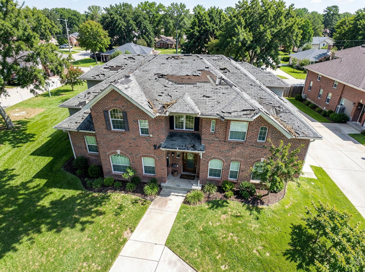 Weathered, storm-damaged shingle roof on a DFW brick home before restoration